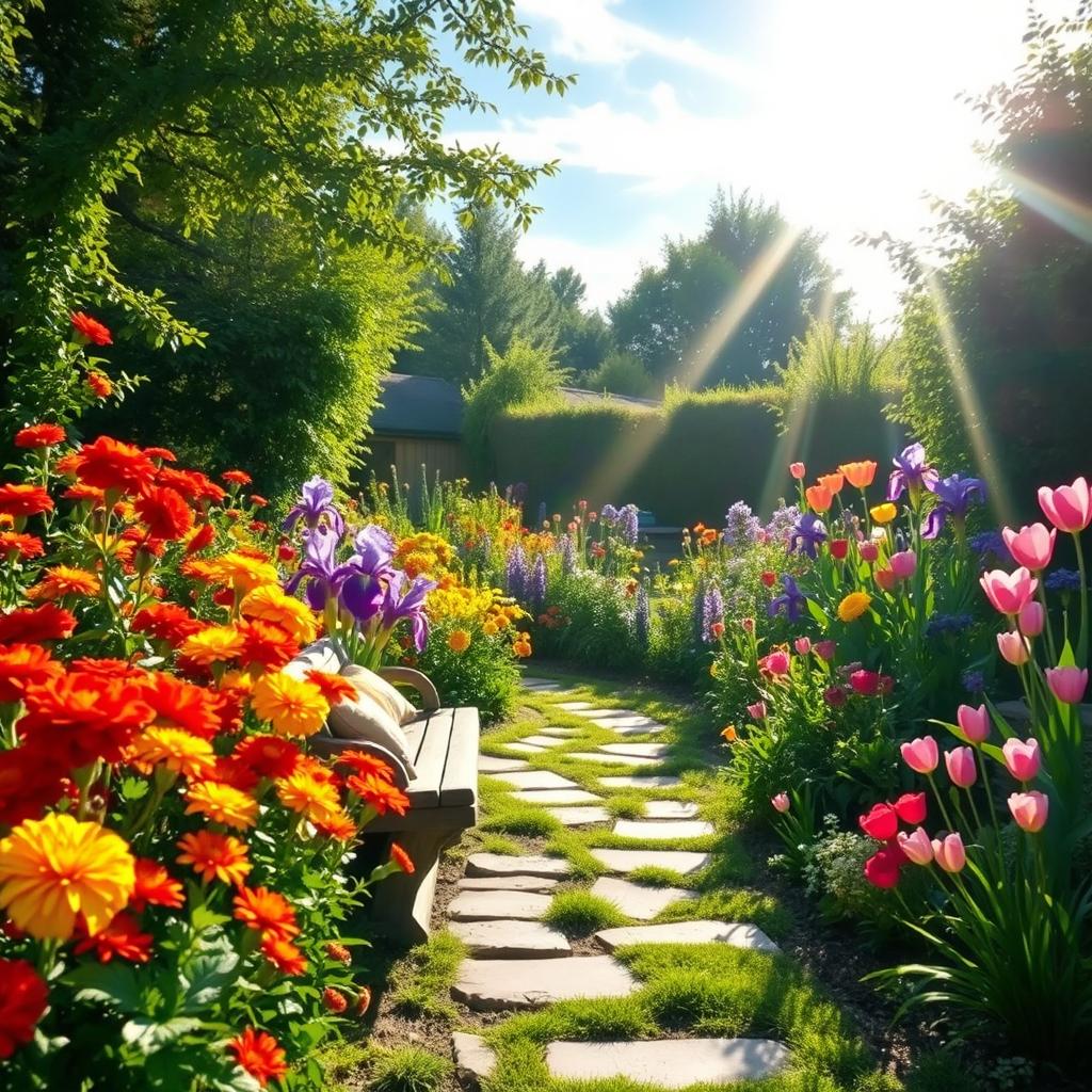 A picturesque summer scene set in a sunlit garden brimming with a riot of colorful flowers such as radiant red roses, sunny yellow marigolds, delicate purple irises, and cheerful pink tulips