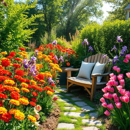 A picturesque summer scene set in a sunlit garden brimming with a riot of colorful flowers such as radiant red roses, sunny yellow marigolds, delicate purple irises, and cheerful pink tulips
