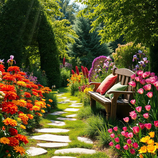 A picturesque summer scene set in a sunlit garden brimming with a riot of colorful flowers such as radiant red roses, sunny yellow marigolds, delicate purple irises, and cheerful pink tulips