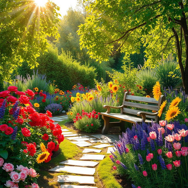 A picturesque summer scene set in a sunlit garden overflowing with vibrant and colorful flowers including lush red roses, bright yellow sunflowers, fragrant purple lavenders, and delicate pink tulips