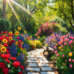 A picturesque summer scene set in a sunlit garden overflowing with vibrant and colorful flowers including lush red roses, bright yellow sunflowers, fragrant purple lavenders, and delicate pink tulips