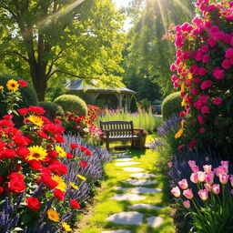 A picturesque summer scene set in a sunlit garden overflowing with vibrant and colorful flowers including lush red roses, bright yellow sunflowers, fragrant purple lavenders, and delicate pink tulips