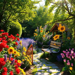 A picturesque summer scene set in a sunlit garden overflowing with vibrant and colorful flowers including lush red roses, bright yellow sunflowers, fragrant purple lavenders, and delicate pink tulips