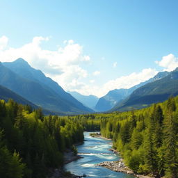 A stunning landscape depicting majestic mountains with steep, rugged peaks rising sharply against the horizon, a crystal-clear river flowing gracefully through a verdant, lush forest bursting with various shades of green foliage