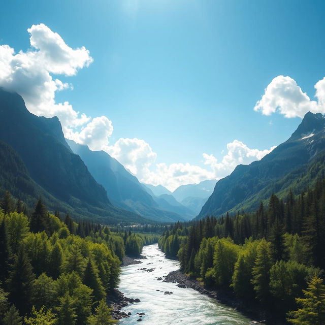 A stunning landscape depicting majestic mountains with steep, rugged peaks rising sharply against the horizon, a crystal-clear river flowing gracefully through a verdant, lush forest bursting with various shades of green foliage