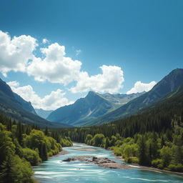 A stunning landscape depicting majestic mountains with steep, rugged peaks rising sharply against the horizon, a crystal-clear river flowing gracefully through a verdant, lush forest bursting with various shades of green foliage