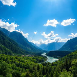 A stunning landscape depicting majestic mountains with steep, rugged peaks rising sharply against the horizon, a crystal-clear river flowing gracefully through a verdant, lush forest bursting with various shades of green foliage