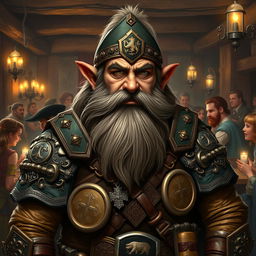 A detailed and thought-provoking depiction of a nationalist dwarf character in a Dungeons & Dragons setting, reflecting their cultural identity and prejudices