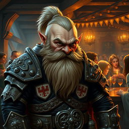 A detailed and thought-provoking depiction of a nationalist dwarf character in a Dungeons & Dragons setting, reflecting their cultural identity and prejudices