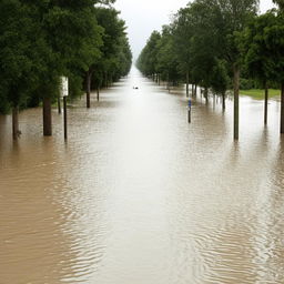 A one-lane road dramatically flooded by water, creating a powerful scene of nature's force disrupting man-made infrastructure.