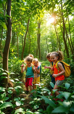 A vibrant and adventurous scene set in a lush green forest, featuring a group of children joyfully exploring their surroundings