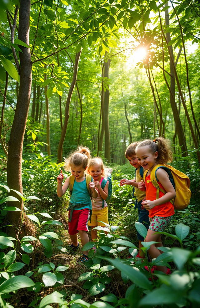 A vibrant and adventurous scene set in a lush green forest, featuring a group of children joyfully exploring their surroundings