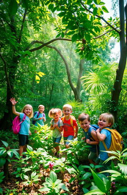 A vibrant and adventurous scene set in a lush green forest, featuring a group of children joyfully exploring their surroundings