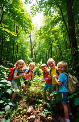 A vibrant and adventurous scene set in a lush green forest, featuring a group of children joyfully exploring their surroundings
