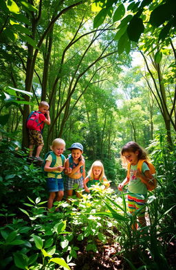 A vibrant and adventurous scene set in a lush green forest, featuring a group of children joyfully exploring their surroundings