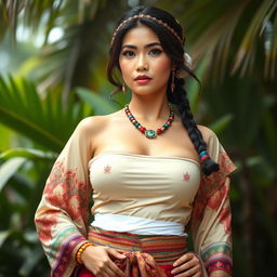 A stunningly beautiful woman of mixed Malay descent with large breasts, dressed in traditional Malay attire, embodying the spirit of a female warrior