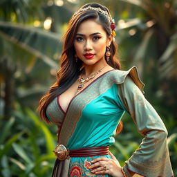 A stunningly beautiful woman of mixed Malay descent with large breasts, dressed in traditional Malay attire, embodying the spirit of a female warrior