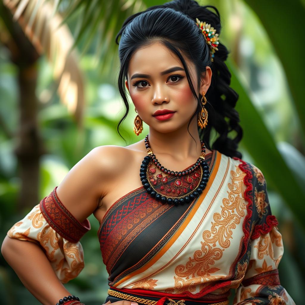 A stunningly beautiful woman of mixed Malay descent with large breasts, dressed in traditional Malay attire, embodying the spirit of a female warrior