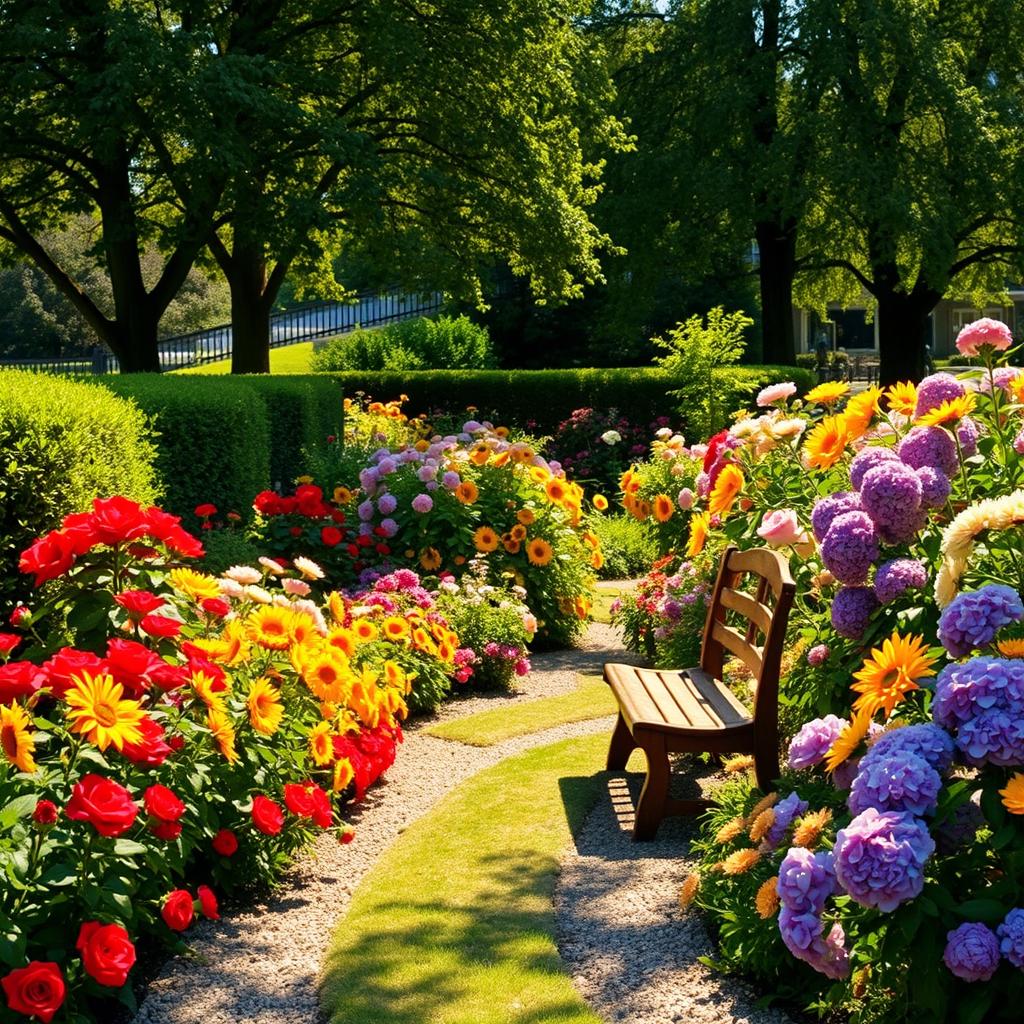 A picturesque summer scene depicting a sunlit garden overflowing with colorful flowers, including dazzling red roses, golden yellow sunflowers, soft pink peonies, and vivid purple hydrangeas