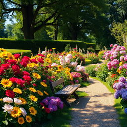 A picturesque summer scene depicting a sunlit garden overflowing with colorful flowers, including dazzling red roses, golden yellow sunflowers, soft pink peonies, and vivid purple hydrangeas