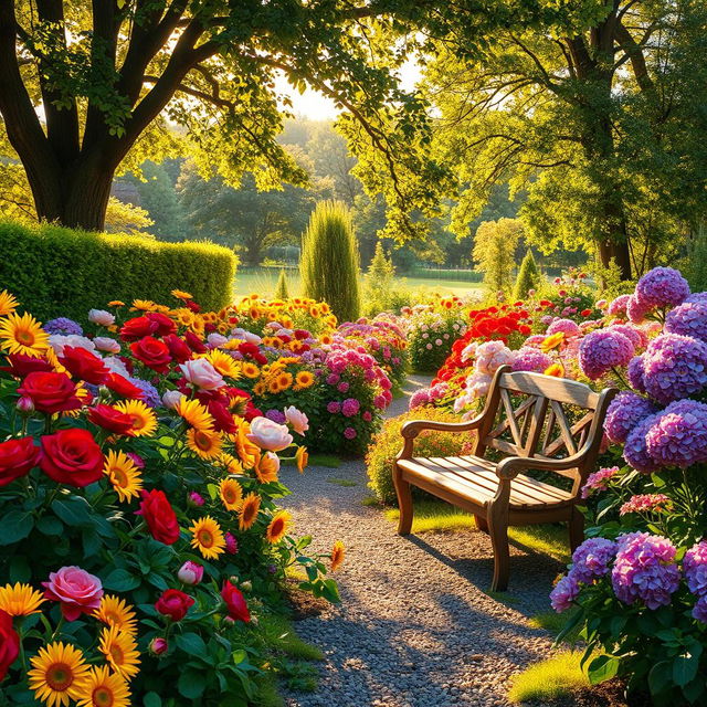 A picturesque summer scene depicting a sunlit garden overflowing with colorful flowers, including dazzling red roses, golden yellow sunflowers, soft pink peonies, and vivid purple hydrangeas