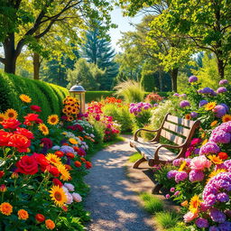 A picturesque summer scene depicting a sunlit garden overflowing with colorful flowers, including dazzling red roses, golden yellow sunflowers, soft pink peonies, and vivid purple hydrangeas