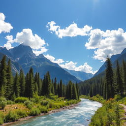 A stunning landscape featuring grand mountains with dramatic peaks towering above the scene, a serene river meandering through a lush, green forest filled with tall trees and vibrant plants