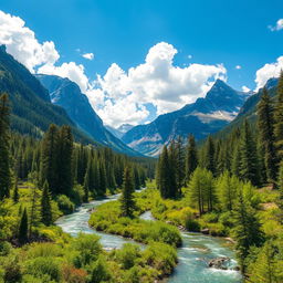 A stunning landscape featuring grand mountains with dramatic peaks towering above the scene, a serene river meandering through a lush, green forest filled with tall trees and vibrant plants