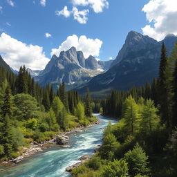 A stunning landscape featuring grand mountains with dramatic peaks towering above the scene, a serene river meandering through a lush, green forest filled with tall trees and vibrant plants