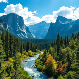 A stunning landscape featuring grand mountains with dramatic peaks towering above the scene, a serene river meandering through a lush, green forest filled with tall trees and vibrant plants