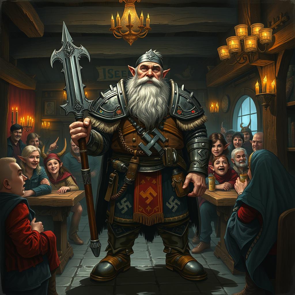 A complex illustration of a dwarf character influenced by national-socialist themes within a Dungeons & Dragons setting, featuring traditional German-inspired attire that reflects a militaristic aesthetic