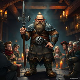 A complex illustration of a dwarf character influenced by national-socialist themes within a Dungeons & Dragons setting, featuring traditional German-inspired attire that reflects a militaristic aesthetic