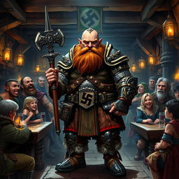 A complex illustration of a dwarf character influenced by national-socialist themes within a Dungeons & Dragons setting, featuring traditional German-inspired attire that reflects a militaristic aesthetic
