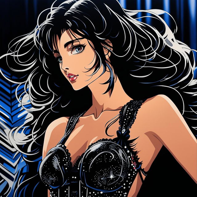 Anime illustration of a 2009 Victoria's Secret model in a detailed black sequined lingerie set, zoomed out with the model's face visible.