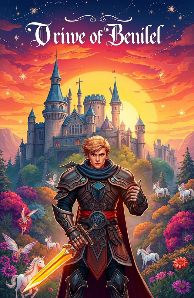 A beautifully detailed illustration of a whimsical fantasy novel cover, featuring a majestic ancient castle surrounded by a vibrant enchanted forest filled with mystical creatures like fairies and unicorns