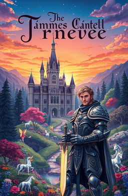 A beautifully detailed illustration of a whimsical fantasy novel cover, featuring a majestic ancient castle surrounded by a vibrant enchanted forest filled with mystical creatures like fairies and unicorns