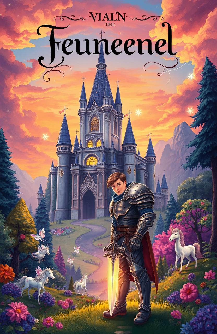 A beautifully detailed illustration of a whimsical fantasy novel cover, featuring a majestic ancient castle surrounded by a vibrant enchanted forest filled with mystical creatures like fairies and unicorns