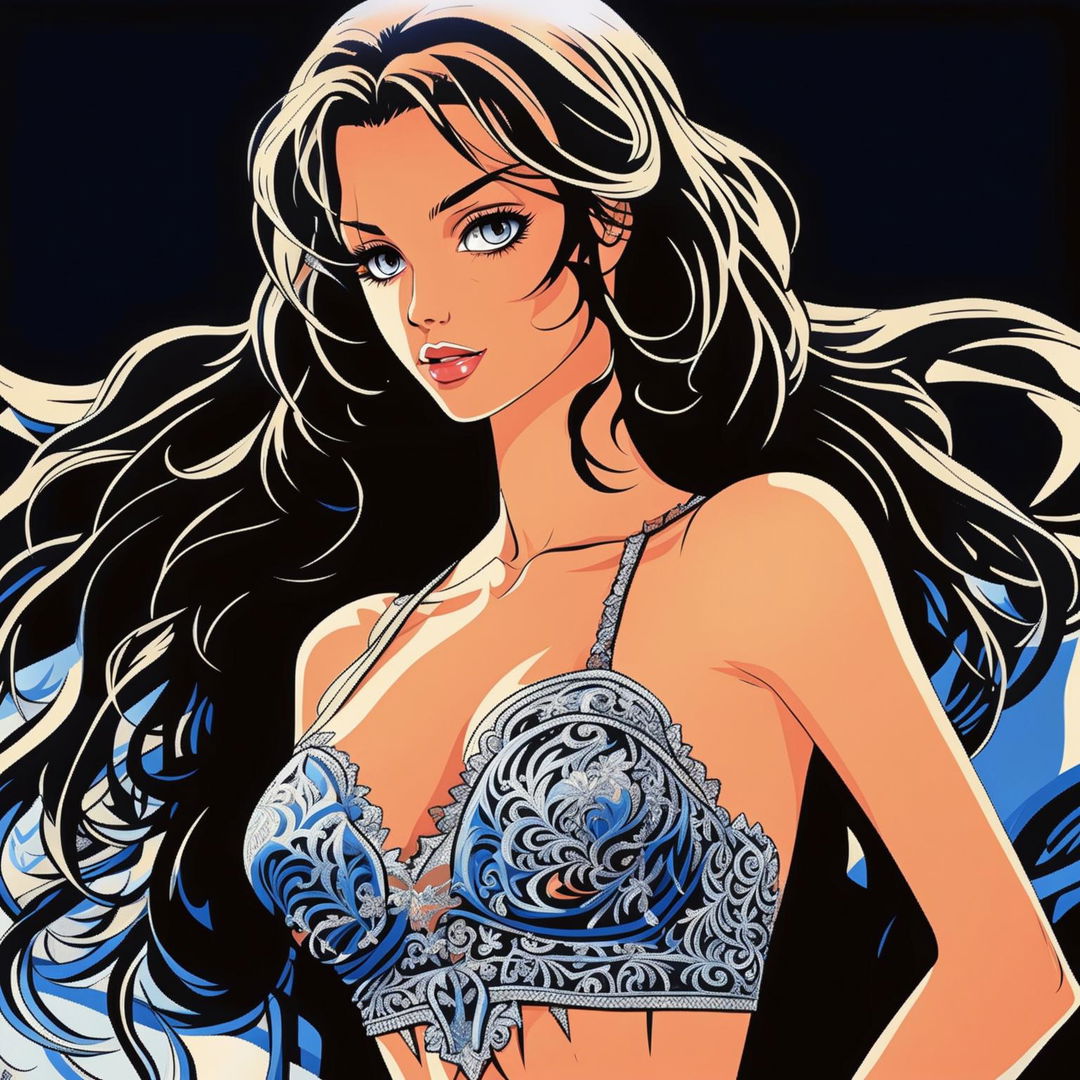 Anime illustration of a 2009 Victoria's Secret model in a different detailed lingerie set, zoomed out with the model's face visible.