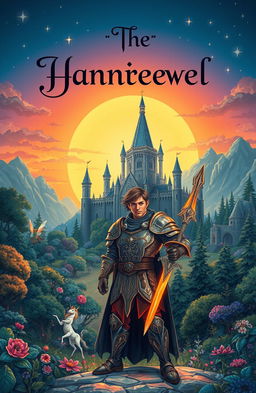 A beautifully detailed illustration of a whimsical fantasy novel cover, featuring a majestic ancient castle surrounded by a vibrant enchanted forest filled with mystical creatures like fairies and unicorns