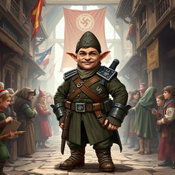 A striking illustration of a halfling character influenced by national-socialist themes in a Dungeons & Dragons setting