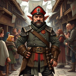 A striking illustration of a halfling character influenced by national-socialist themes in a Dungeons & Dragons setting
