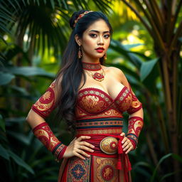 A beautifully captivating woman of mixed Malay descent with large breasts, embodying a seductive and confident presence