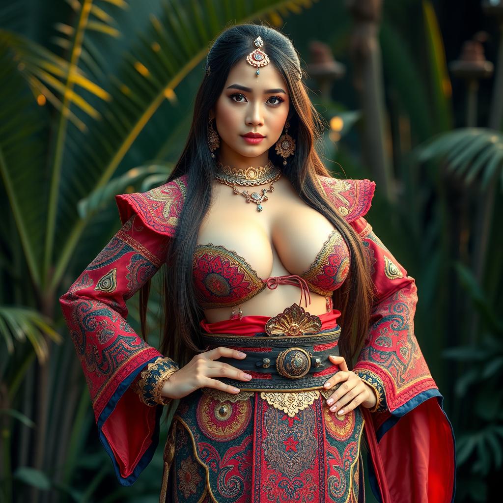 A beautifully captivating woman of mixed Malay descent with large breasts, embodying a seductive and confident presence