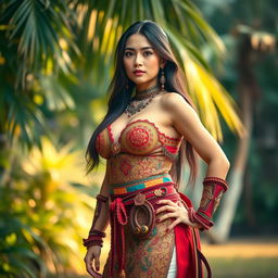 A beautifully captivating woman of mixed Malay descent with large breasts, embodying a seductive and confident presence