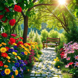 A picturesque summer scene depicting a sunlit garden bursting with colorful flowers including bright red roses, cheerful yellow daisies, striking purple pansies, and soft pink lilies