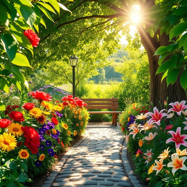 A picturesque summer scene depicting a sunlit garden bursting with colorful flowers including bright red roses, cheerful yellow daisies, striking purple pansies, and soft pink lilies