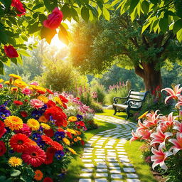 A picturesque summer scene depicting a sunlit garden bursting with colorful flowers including bright red roses, cheerful yellow daisies, striking purple pansies, and soft pink lilies