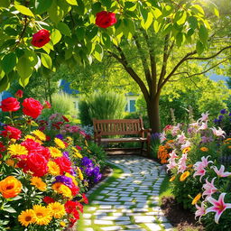 A picturesque summer scene depicting a sunlit garden bursting with colorful flowers including bright red roses, cheerful yellow daisies, striking purple pansies, and soft pink lilies
