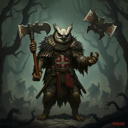 A captivating illustration of a national-socialist themed owl-zombie-humanoid barbarian character in a Dungeons & Dragons setting