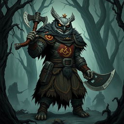 A captivating illustration of a national-socialist themed owl-zombie-humanoid barbarian character in a Dungeons & Dragons setting